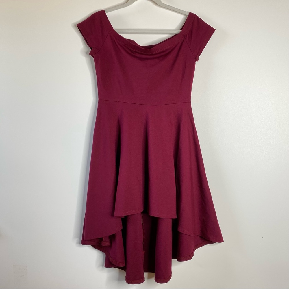 Windsor Juniors High Low Waterfall Hem Dress Sz L Maroon Cap Sleeves Fit Flare